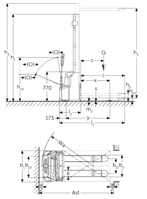 Die technische Grafik zeigt einen Hochhubwagen mit ausfahrbarem Hubgerüst